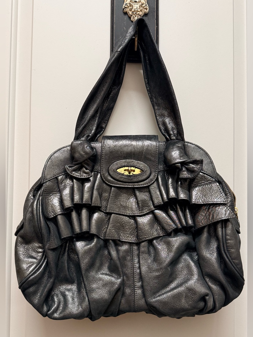 Treesje Vintage Silver Metallic Ruffled Leather Shoulder Bag